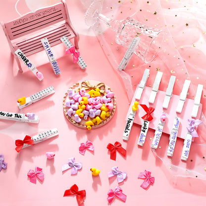 Dingion 60 Set Cheer Pins Spirit Clips Include 60 Wooden Clothes Pin Resin Ducks Bows Self Adhesive Glitter Sticker Pen Glue Ribbon for DIY Cheer Accessory Schoolbag Decor Team Craft Gift(White)
