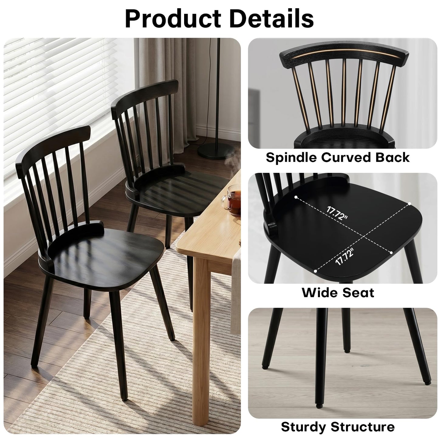 WOOW DEPOT Black Dining Chairs Set of 2, Farmhouse Windsor Spindle Back
