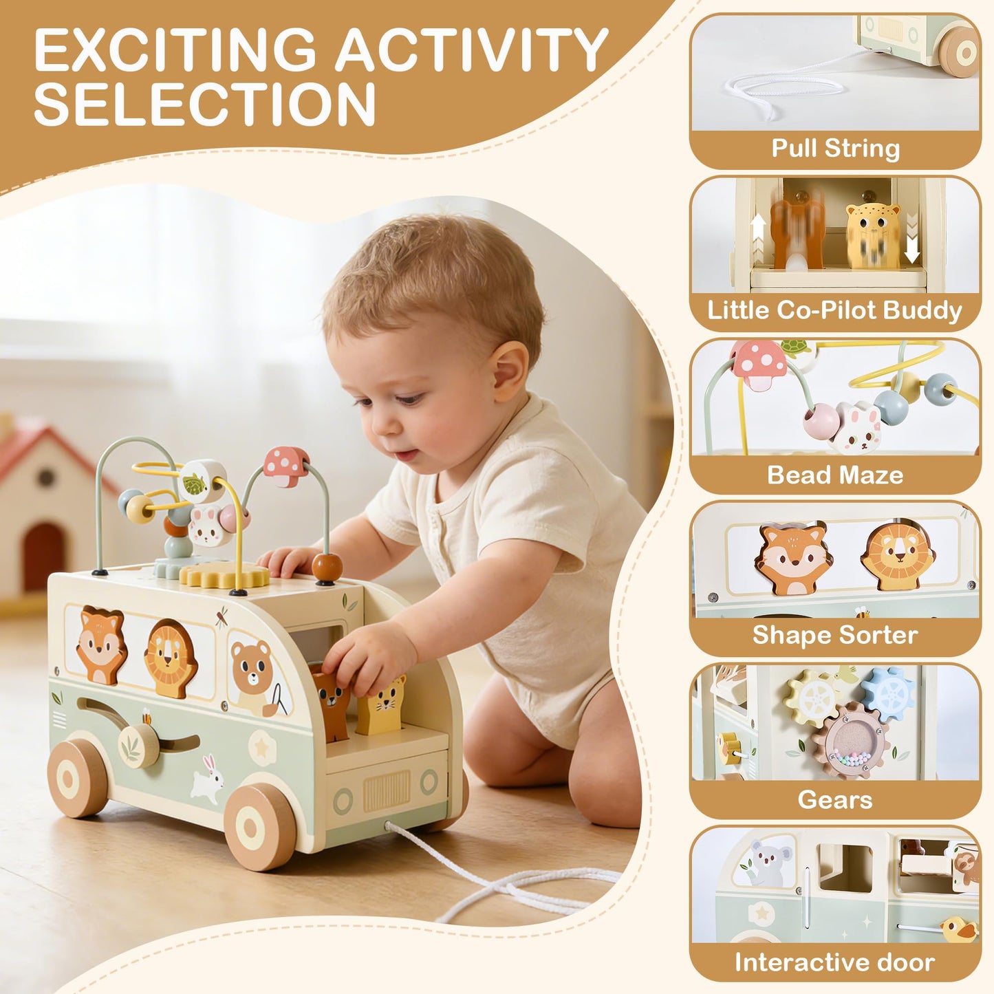 Pithfor Wooden Montessori Toys for 1 Year Old, Push & Pull Car Toys for Baby Toddlers 1 2 3 Year Old, 1st First Birthday Gift for Boys Girls, with Bobbling Driver & Bead Maze