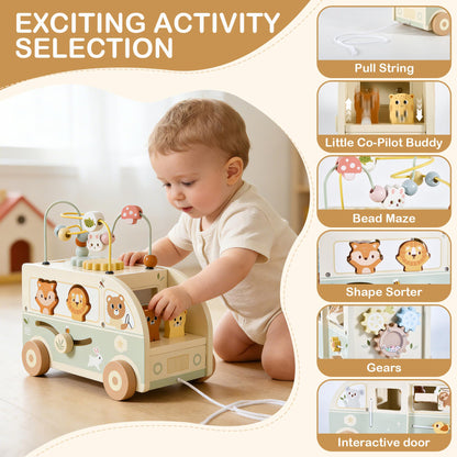 Pithfor Wooden Montessori Toys for 1 Year Old, Push & Pull Car Toys for Baby Toddlers 1 2 3 Year Old, 1st First Birthday Gift for Boys Girls, with Bobbling Driver & Bead Maze