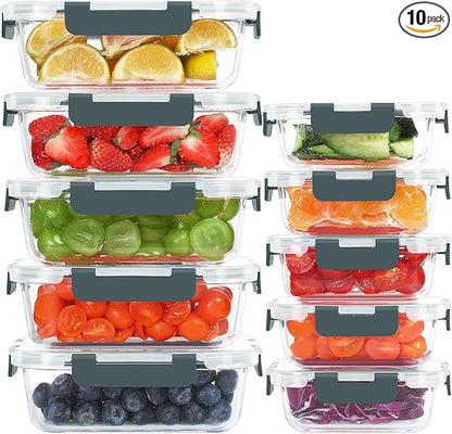 KOMUEE 10 Pack Glass Food Storage Containers, Meal Prep Containers