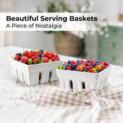 MIAMIO - Ceramic Berry Basket Set of 2, Decorative Fruit Bowl Set for Berries, Fruits and Vegetables, Kitchen Storage Bowls for Strawberries, Blueberries, Snacks and Serving