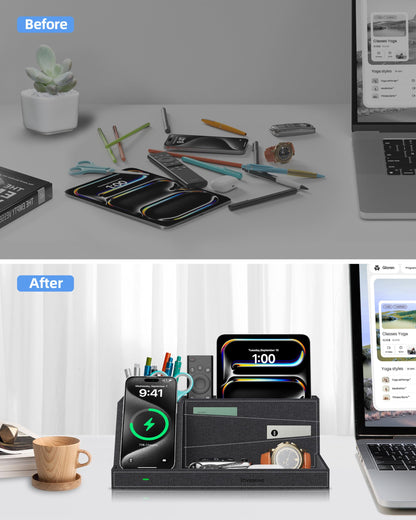 Investme Wireless Charger with Desk Organizer, Fast Charging Station for iPhone 16/15/14/13/12/11 Pro Max, Desk Phone Charger Stand, Desktop Nightstand Organizer Pen Holder for Home Offfice Supplies