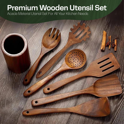 KITUTING Wooden Spoons for Cooking Set of 10 - Cooking Utensils with Spoon Rest & Holder – Comfortable Grip & Easy to Clean - Wooden Spoon Set for Kitchen with four Hanging Hooks