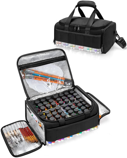 Marscamd Acrylic Paint Organizer Holds 60 Bottles (2 oz), Acrylic Paint Storage Bag with Tools Storage Sections and Crossbody Strap, Black