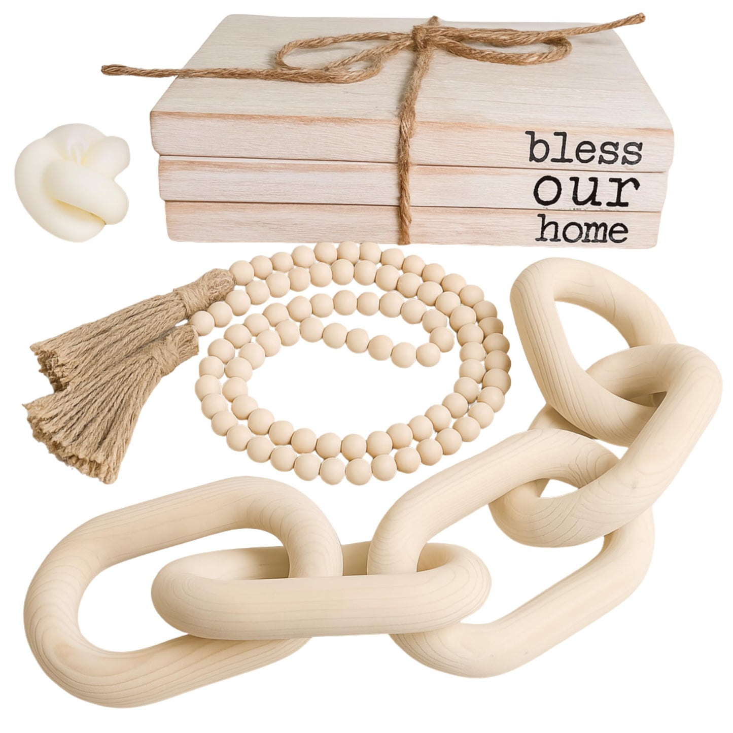 Boho Decor Set – 4-Piece Neutral Home Accents for Shelf, Entryway, Coffee Table – Includes Faux Wood Books, Bead Garland, Rustic Chain & Scented Knot Candle – Farmhouse & Minimalist Style