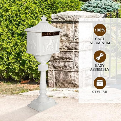 Mailbox, Heavy Duty Cast Aluminum Postal Box, Mail Box with 2 Keys for Courtyard Villa Decoration - White