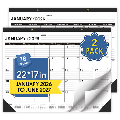 Desk Calendar 2026-2 PACK,January 2026 to June 2027,Desk calendar 2026-2027 Large 22x17, Calendar 2026 with PVC Cover,Round Holes& NOTES List (Black),18 Months 2026 Desk Calender.