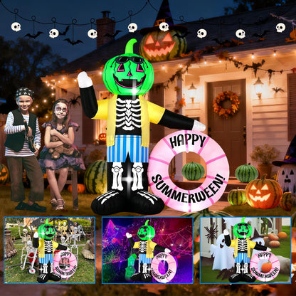 InfleasJoiy 6FT Watermelon Zombie Holding Flower Wreath, Summer Halloween Outdoor Inflatable Decoration with Built-in LED Lights. Suitable for Indoor, Outdoor, and Lawn Parties.