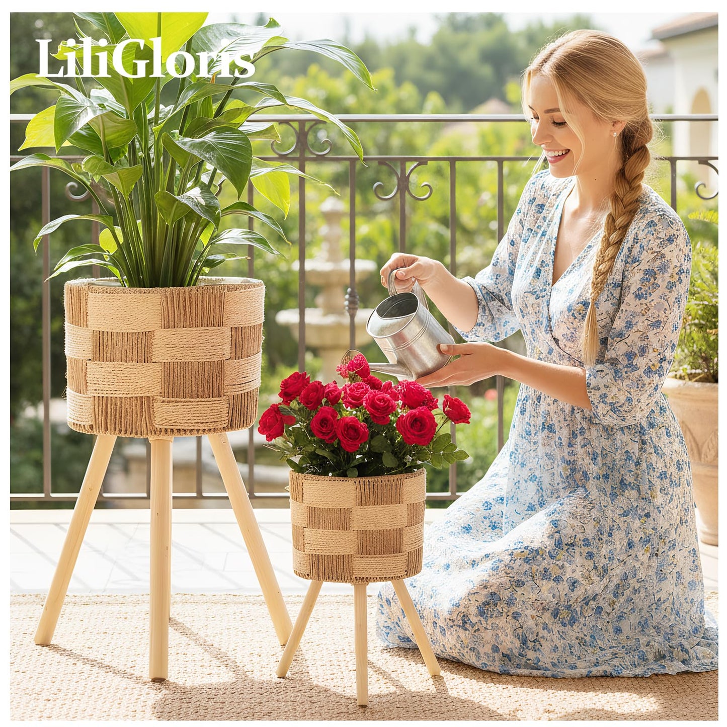 LiliGloris Boho Rattan Plant Stand Set of 2 – Handwoven Wicker Mid-Century Modern Floor Planter Stand for Indoor Plants, Large Farmhouse Decor, Sturdy Wood & Rope Design, Housewarming Gift