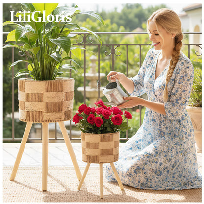 LiliGloris Boho Rattan Plant Stand Set of 2 – Handwoven Wicker Mid-Century Modern Floor Planter Stand for Indoor Plants, Large Farmhouse Decor, Sturdy Wood & Rope Design, Housewarming Gift