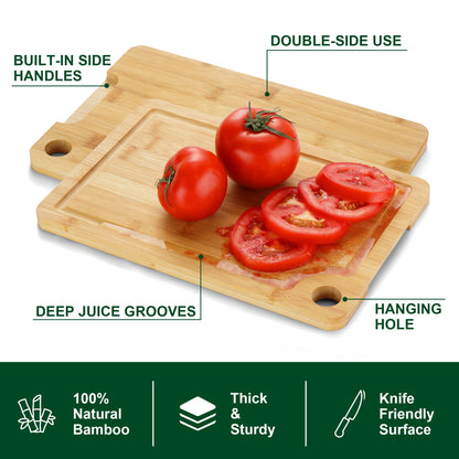 Funnydin 3PCS Bamboo Cutting Board Set - Durable Wooden Cutting Boards with Deep Juice Grooves & Built-in Handles & Hanging Holes, Ideal for Chopping Meat, Vegetables, Dishwasher Safe