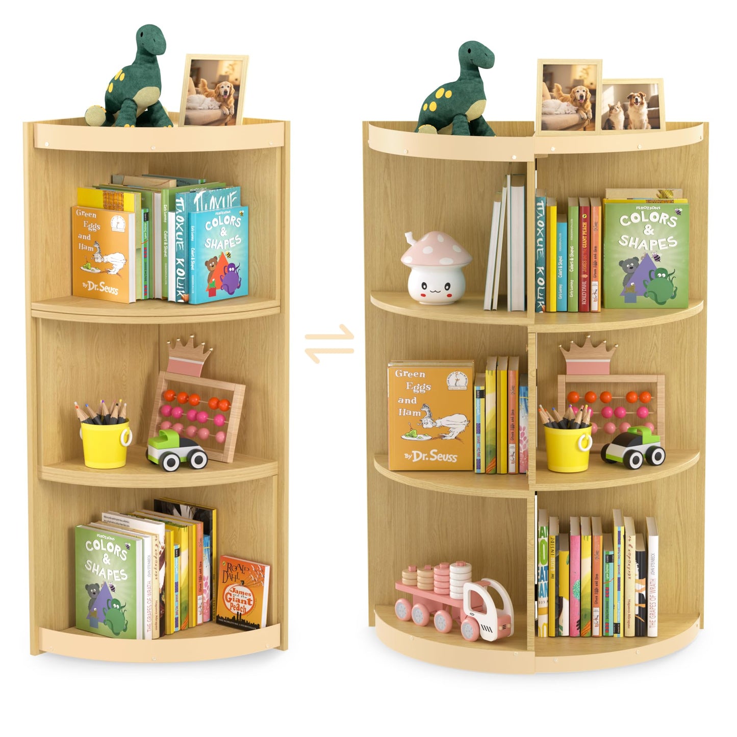HAVLOTII Wooden Corner Kids Bookshelf, Extendable 3 Tier Montessori Bookcase for Children, Toy Storage Organizer, Space-Saving Book Shelf for Kids Rooms, Classroom, Playroom, Nursery, Daycare