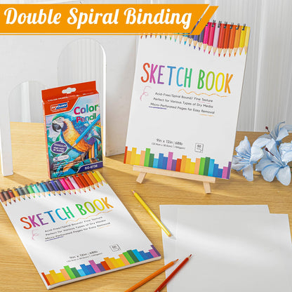 2 Pack Sketch Book with 36 Color Pencil Set, Spiral Kids Sketchbook for Drawing (68lb/100gsm), Acid-Free Sketch Pad for Kids Artist, Art Paper Drawing Supplies for Gifts (9×12 inch)
