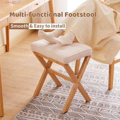 FILWH Foot Stool Small Ottoman Foot Rest Padded Foot Stool Desk for Under Office Desk Vanity Stool Bamboo Footstool Sofa Footrest Shoe Stool Small Foot Stools (Natural Legs + Beige)