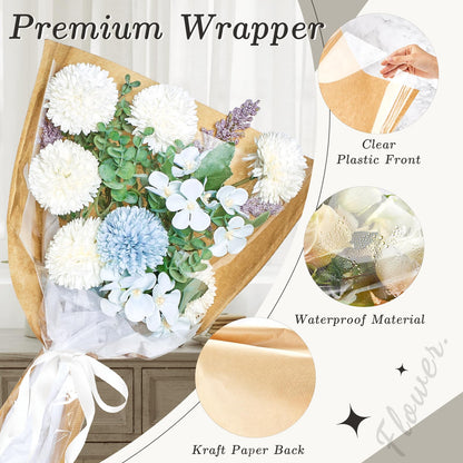 Jutieuo 50 Pcs Flower Bags for Bouquet, Flower Wrapping Kraft Paper Floral Sleeve Bouquet Bags with Ribbons for Florist Supplies Wedding Birthday Mother's Day, 14x22 Inches