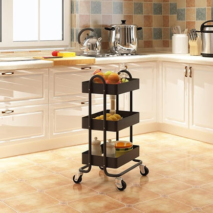 Metal Rolling Cart,3-Tier Metal Rolling Cart with Wheels,3 Tier Utility Cart with Wheels for Office,Home,Kitchen,Garden（13.4"x18.1"x31"） Black
