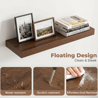 Venusmiles Floating Shelves for Wall, 20 Inch Floating Shelves Set of 2, 6.5" D Wooden Wall Mounted Display Shelves with Invisible Brackets for Living Room, Bedroom, Bathroom, Kitchen Decor, Walnut