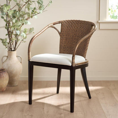 SAFAVIEH Home Collection – Kumi Brown Rattan Arm Chair with Ivory Seat Cushion, Coastal Modern Accent Seating, Fully Assembled (ACH4902A)