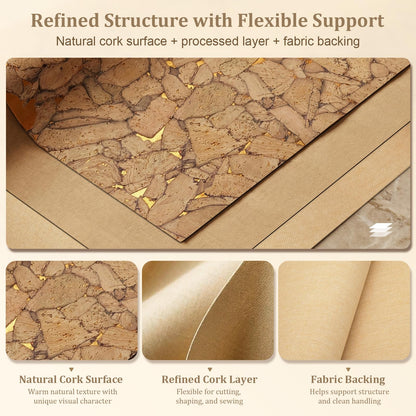 TINAFEITEM Mosaic Texture Cork Fabric Roll by the Yard, Soft Flexible Cork Fabric for Sewing and DIY Crafts, Easy Cut Material for Bags, Wallets, Home Decor and Accessories, 12.8 x 54 Inches