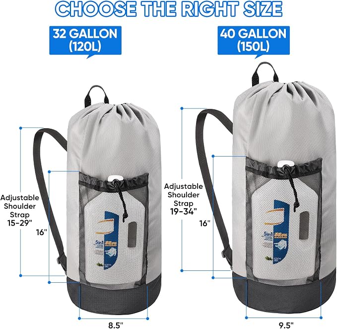 BALEINE 120L Laundry Bag Backpack, 900D Oxford Fabric Large Travel Laundry Bags with Shoulder Straps and 2 Mesh Pockets for College Dorm, Apartment, Laundromat (Gray, 120L)