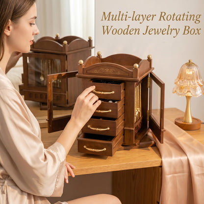 GuaziV Wooden Jewelry Organizer for Women, 360° Rotating Jewelry Box with 4 Drawers, Necklace & Ring Holder, Tangle-Free Jewelry Storage Cabinet for Vanity and Bedroom
