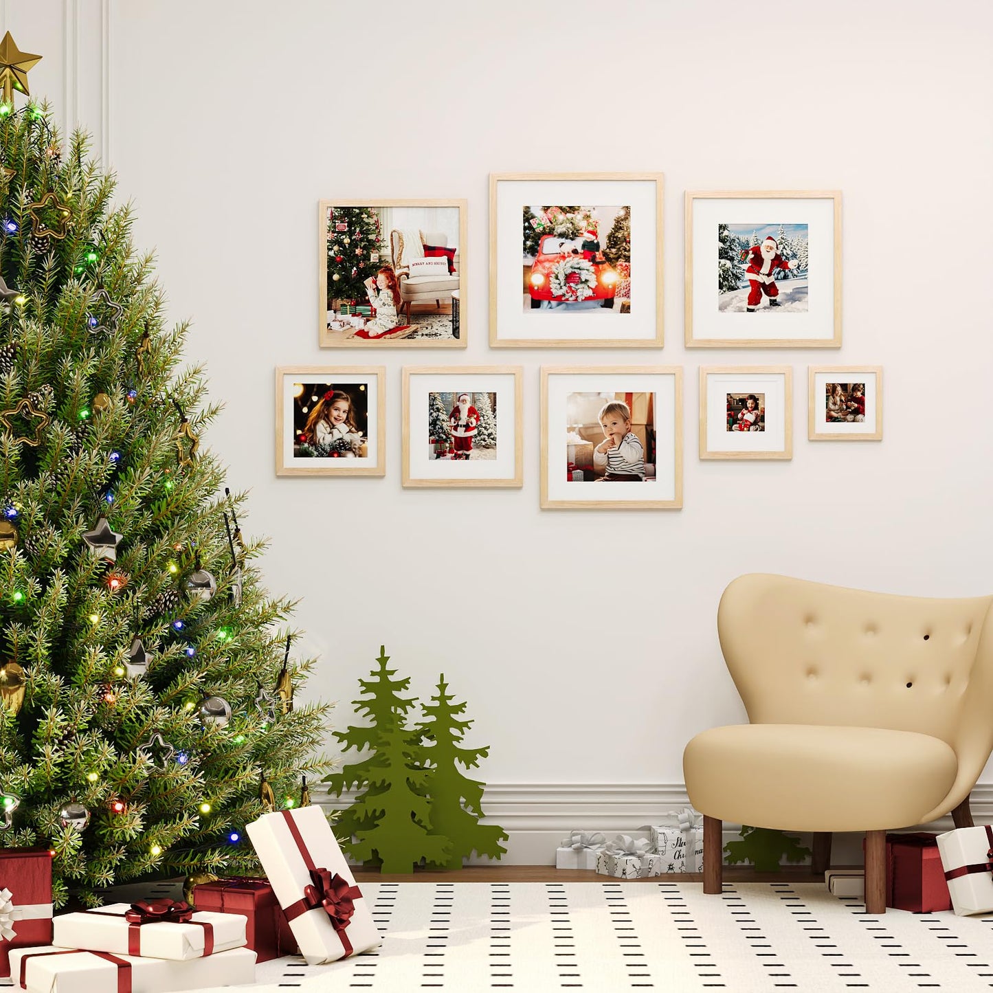 KINLINK 12x12 Picture Frames, 4 Pack Natural Solid Wood Square Frames for Art, 8x8 Matted or 12x12 Frame without Mat, Wall Display Photo Frame