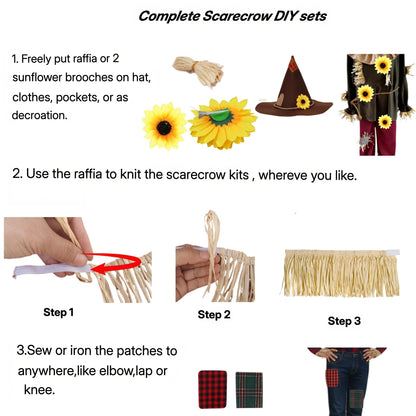 Lunaryvo Scarecrow Costume, Scarecrow Hat Raffia Straw Kit Face Decals Sunflower Patchwork Halloween Harvest Accessories (Brown-13pcs)