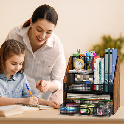 Homsorout Wooden Desk Organizer - Mesh File Organizer with Drawers and Pen Holder - 4-Tier Vertical Paper Letter Storage Tray, Desktop Organizers and Accessories for Home Office