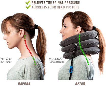 Pinched Nerve Neck Stretcher Cervical Traction Device for Home Pain Treatment | Inflatable Spinal Decompression Collar Unit Muscle Strain Injury Relief | Herniated Disc Problems Remedy Kit (Gray)
