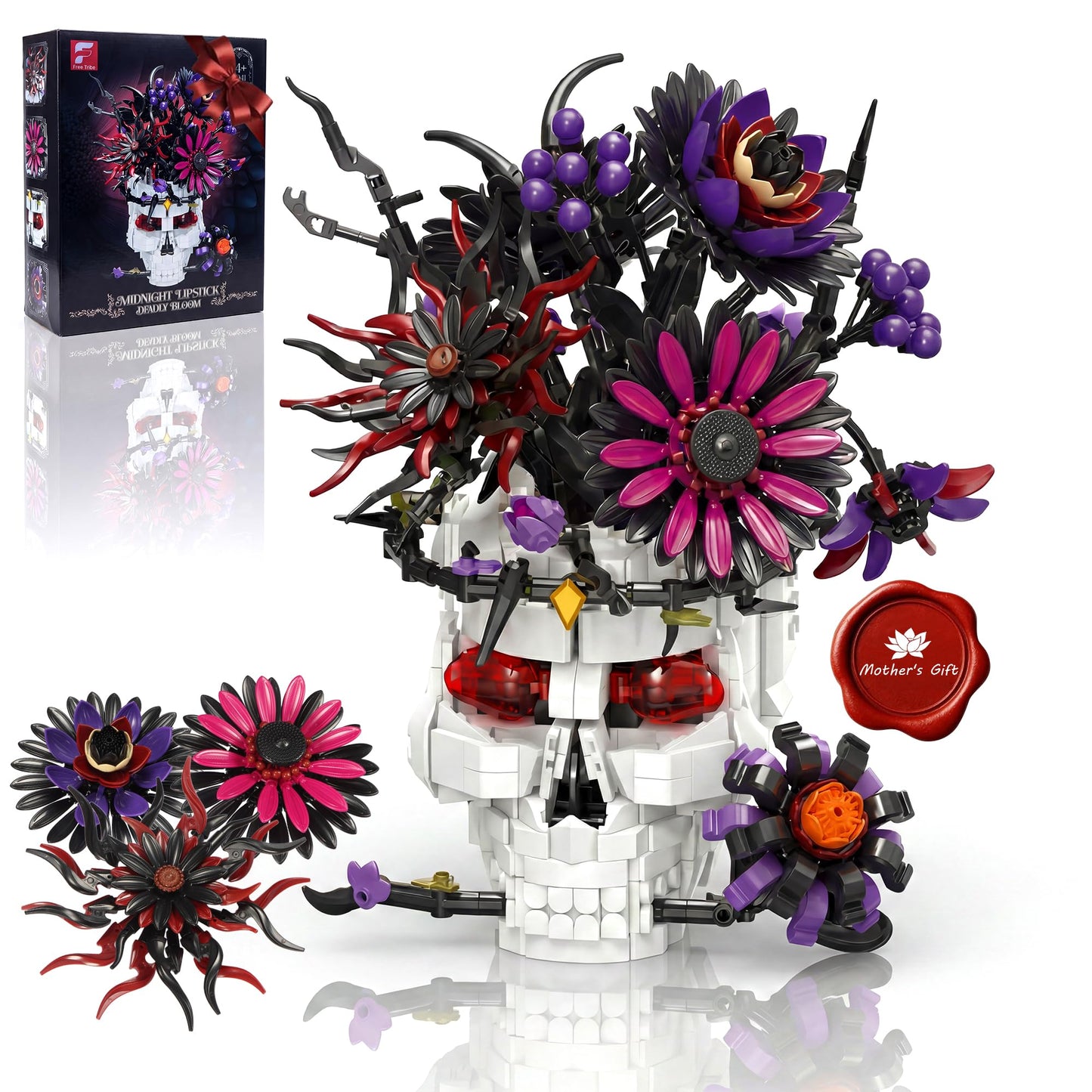 Skull Flower Bouquet Building Set, Wildflower Botanical Collection Kit for Adult Women, Horror Gothic Skeleton Decor for Goth Home Table Art Decor, Girlfriend/Mom/Wife/Couple Gift, Halloween Birthday