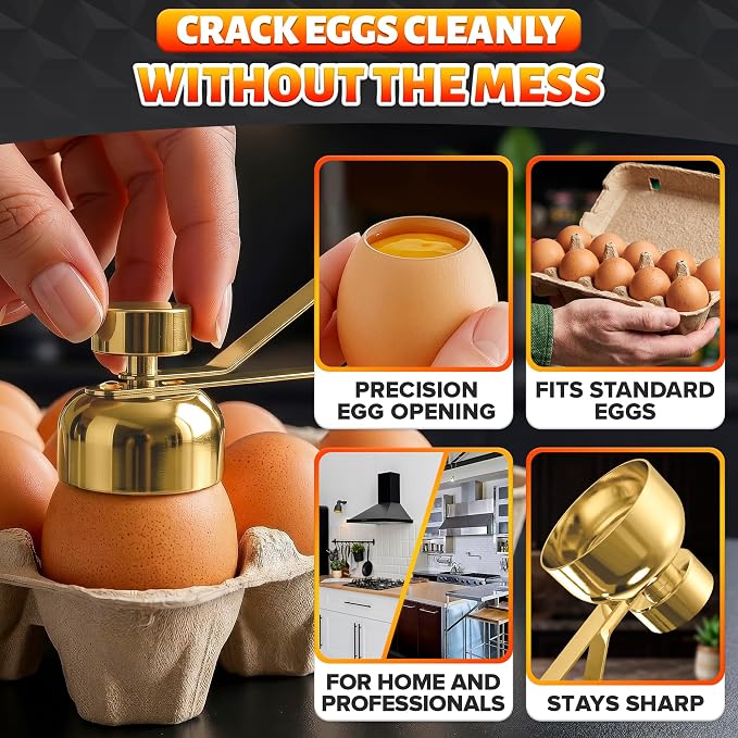 Egg Cracker Tool for Raw Eggs — Egg Shell Opener for Soft-Boiled Shell Tops, Stainless Steel Topper with Ergonomic Adjustable Effort — Clean Cut Design for Breakfast Prep, Custards, and Baking (Gold)