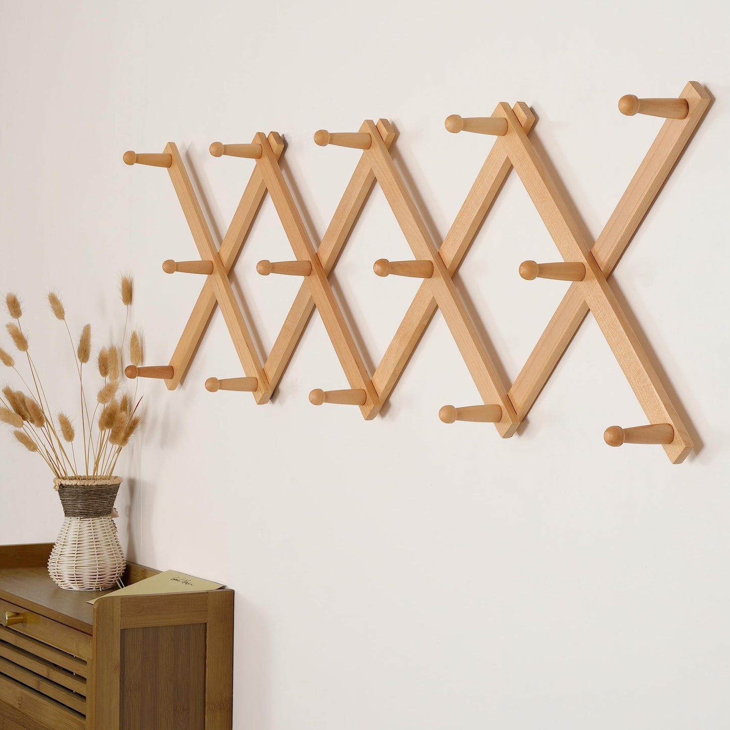 SKOLOO Hat Rack for Wall with 14 Hooks, Solid Wooden, Modern, Expandable Coat Rack Wall Mount for Coats, Hats, Bags, Baseball Caps, Natural Color