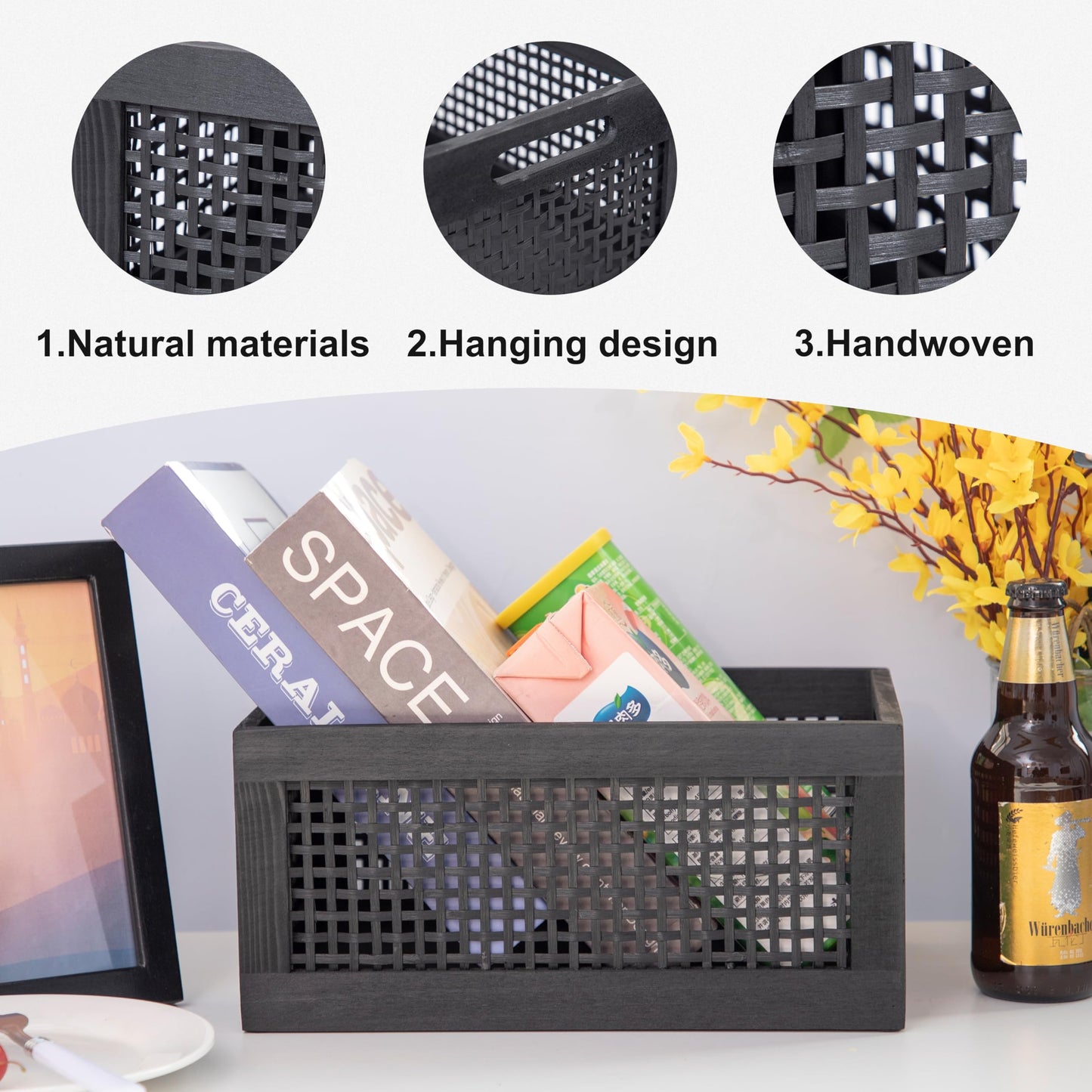 YRLSOTGE Wooden Storage Baskets,Black Woven Bamboo Basket Nesting Boxes with Built-in Handle for Pantry, Kitchen,Living Room,Shelves,Set of 2
