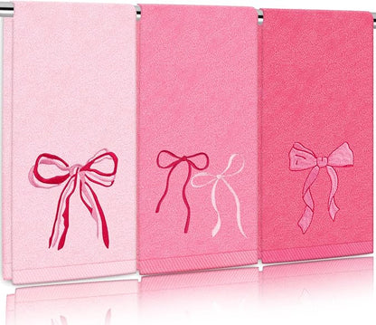 3Pcs Pink Bow Hand Towels Coquette Cotton Embroidered Decorative Towels