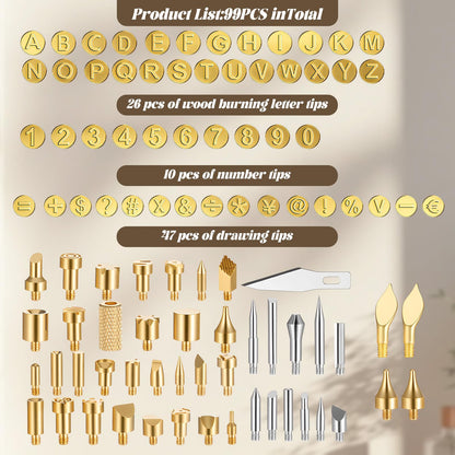99 Pcs Wood Burning Tips Kit Pyrography Wood Burning Tip Set Letter Wood-Burning-Tip Set Including Alphabet Number Symbol for Wooden Burner Craft DIY Embossing Carving Crafts