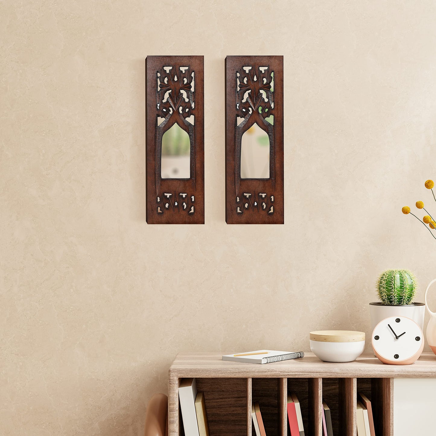 The Wooden Town Wall Hanging Plaques Wall Décor Jharokha With Mirror, Elegant Sculpture Wall Décor Panel to Enhance the Décor of Your Room or Office - 12x4 Inch - Burnt Set of 2
