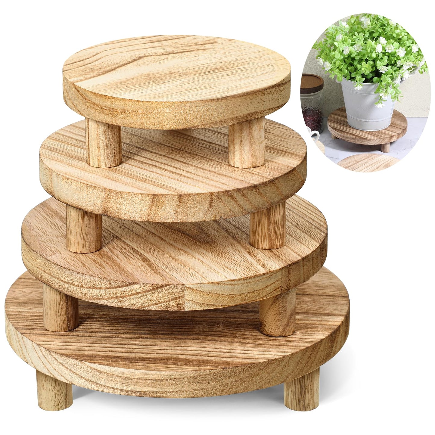 YBEATY 4 PCS Wooden Risers for Display, Wood Stool Round Pedestal Stand 8/7/6/5 Inch Mini Rustic Tiered Tray Riser Flower Pot Small Planter Holder for Home Kitchen Desktop Counter Room Patio Décor