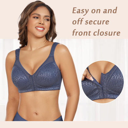 DotVol Women's Full Figure Front Closure Wirefree Jacquard Back Support Posture Bra(Grey Blue,36D)