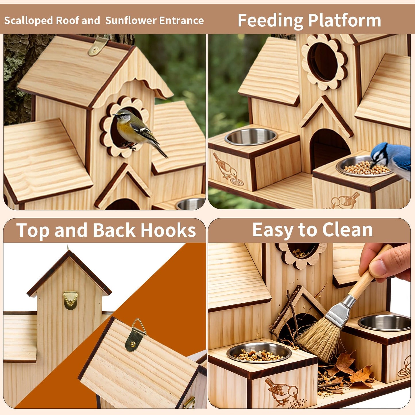 SORNADELUVRIX Bird House for Outdoors, 4-Hole Hanging Birdhouse, Bluebird House with Stainless Steel Feeding Tray, Cedar Wood Nesting Box for Wrens, Chickadees and Swallows