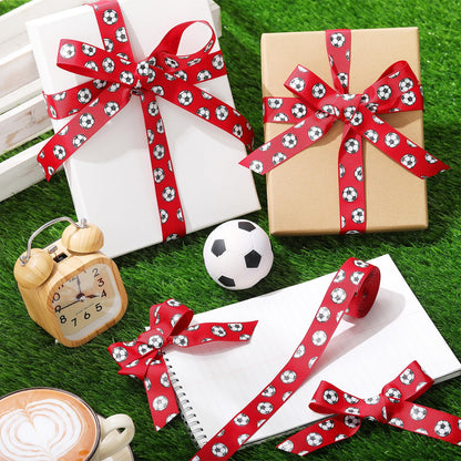 ROCEEI 10 Yards Soccer Ribbon Glitter Soccers Pattern 7/8 Inch Craft Grosgrain Ribbon Party Decorations for Gift Package Wrapping, Floral Design, DIY Hair Bow, Crafting(Red)
