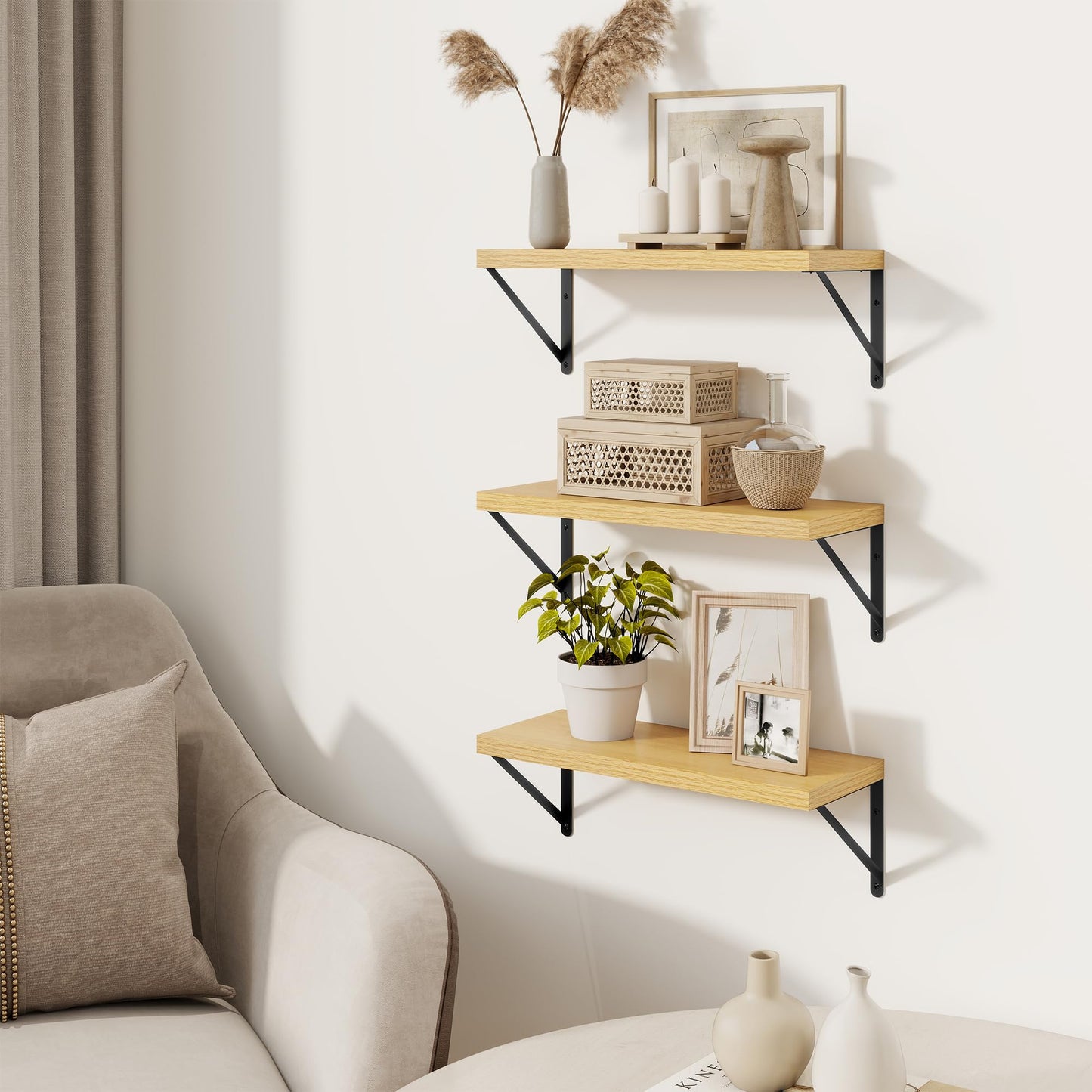 Feihorrm Book Shelf Set of 3, 16 inch Wall Mounted Bookshelf with Metal Brackets, Wall Shelves, Oak Book Shelves, Shelves on Wall, Wooden Bookshelves for Bedroom & Living Room