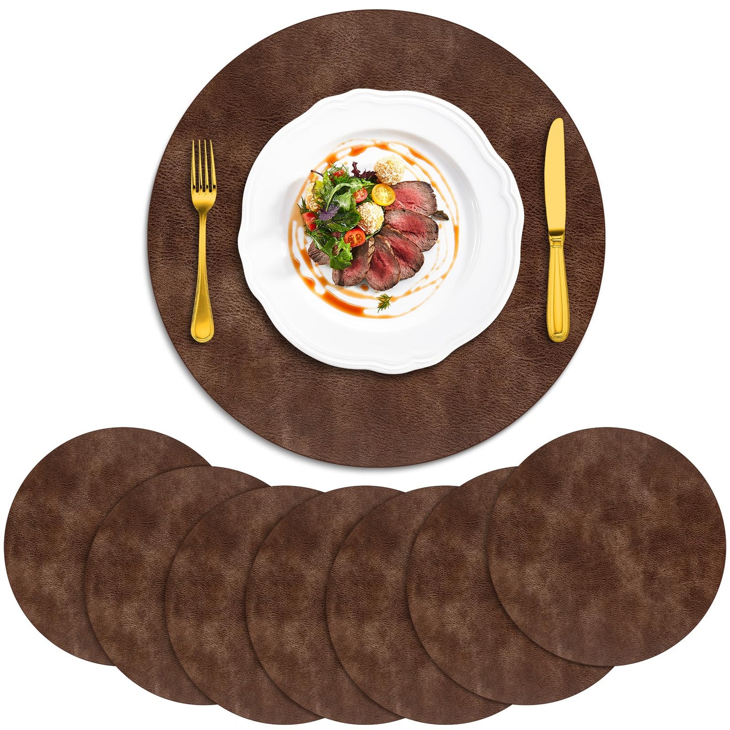 ADRIMER Placemats, Heat Resistant Round Placemats Set of 8 Washable, Waterproof Table Mats, Wipeable Faux Leather Place Mats for Kitchen, Dining Room, Brown