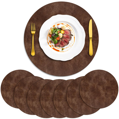 ADRIMER Placemats, Heat Resistant Round Placemats Set of 8 Washable, Waterproof Table Mats, Wipeable Faux Leather Place Mats for Kitchen, Dining Room, Brown