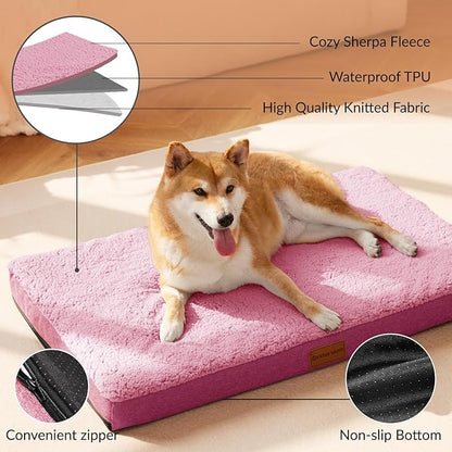 Patas Lague Orthopedic Jumbo Dog Bed for Large Sized Dog 56''X40'', Soft Waterproof Egg Crate Foam Large Pet Crate Beds Mat with Removable Washable Cover and Non-Slip Bottom, Pink