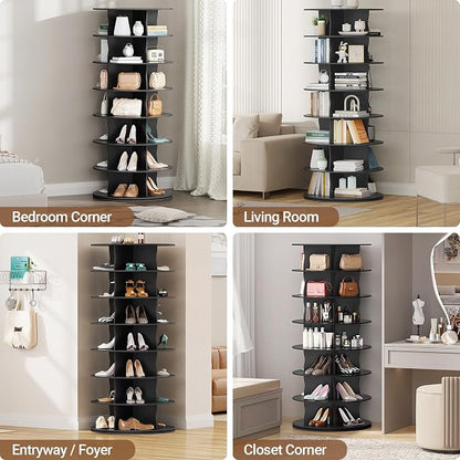 5-Tier Rotating Standing Shelf Unit with Dividers, 360° Storage Display Tower Vertical Floor Organizer, for Bedroom, Closet, Entryway & Office, Ideal for Shoes, Cosmetics & Handbags, Black