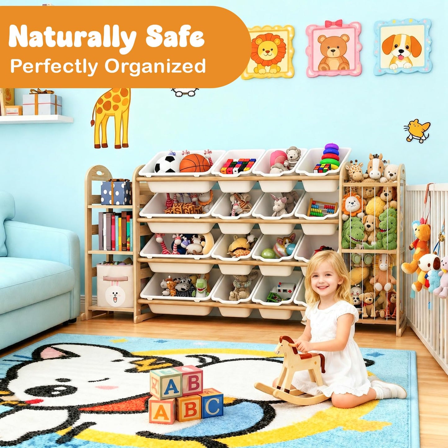 Large Kids Toy Storage Organizer, Toy Organizers and Storage with Stuffed Animal Storage, Toy Storage Shelf with 3 Shelves, 16 Storage Bins, Kids Bookshelf, Toy Holder for Playrooms, Bedrooms, White