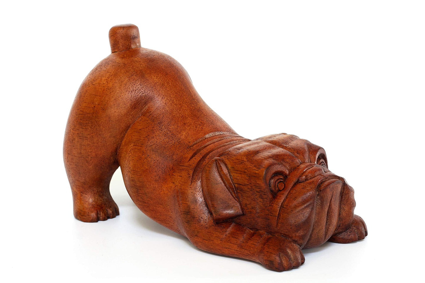 G6 Collection Wooden Hand Carved Crouching English Bulldog Statue Figurine Sculpture Art Decorative Rustic Home Decor Accent Handmade Handcrafted Wood Decoration Gift Dog Artwork,