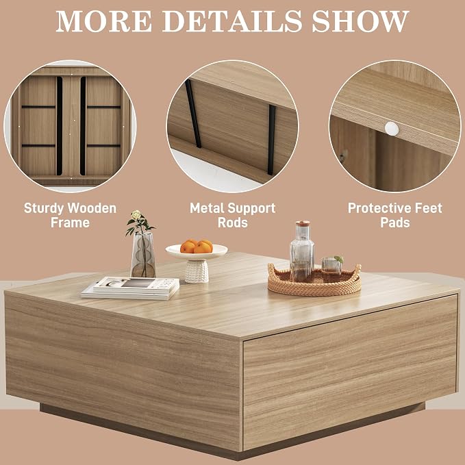 47” Square Coffee Table with Storage, 47" D x 47" W x 17" H Modern Large Square Center Table with 2 Drawers,Wood Coffee Table for Living Room,Bedroom（Light Brown）