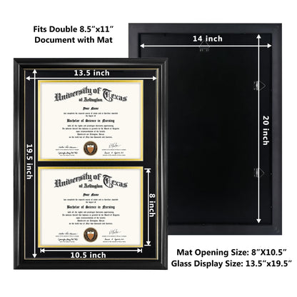 GraduationMall Double 8.5x11 Diploma Frame,Solid Wood & Tempered Glass,Black Finish with Gold Trim,Black & Gold Mat